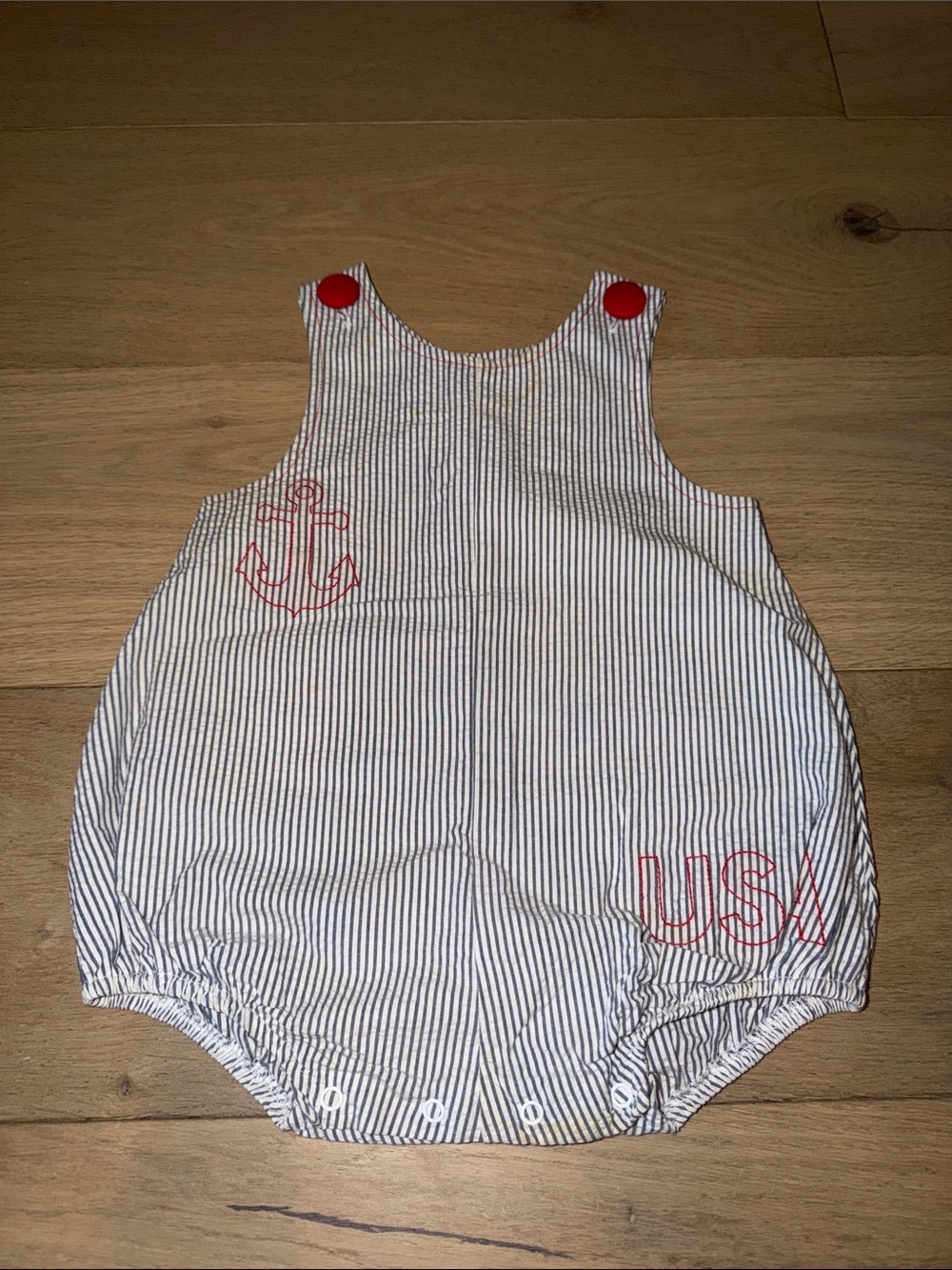 Striped Navy & White Baby Romper with Red USA Accent